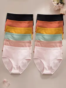 12pcs Women's Underwear - Soft Breathable Mid-Rise Briefs with Ribbed Heart-Shaped, Non-Sheer Triangle Panties Suitable for Spring/Summer, Casual Casual Attire, Hand Washable Solid Color Female Briefs