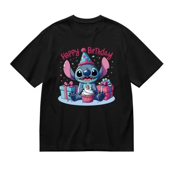 Disney Lilo & Stitch Birthday Collection Short Sleeve Graphic T-Shirt Cute Birthday Party Top for Girls Teens, S, M, Adorable