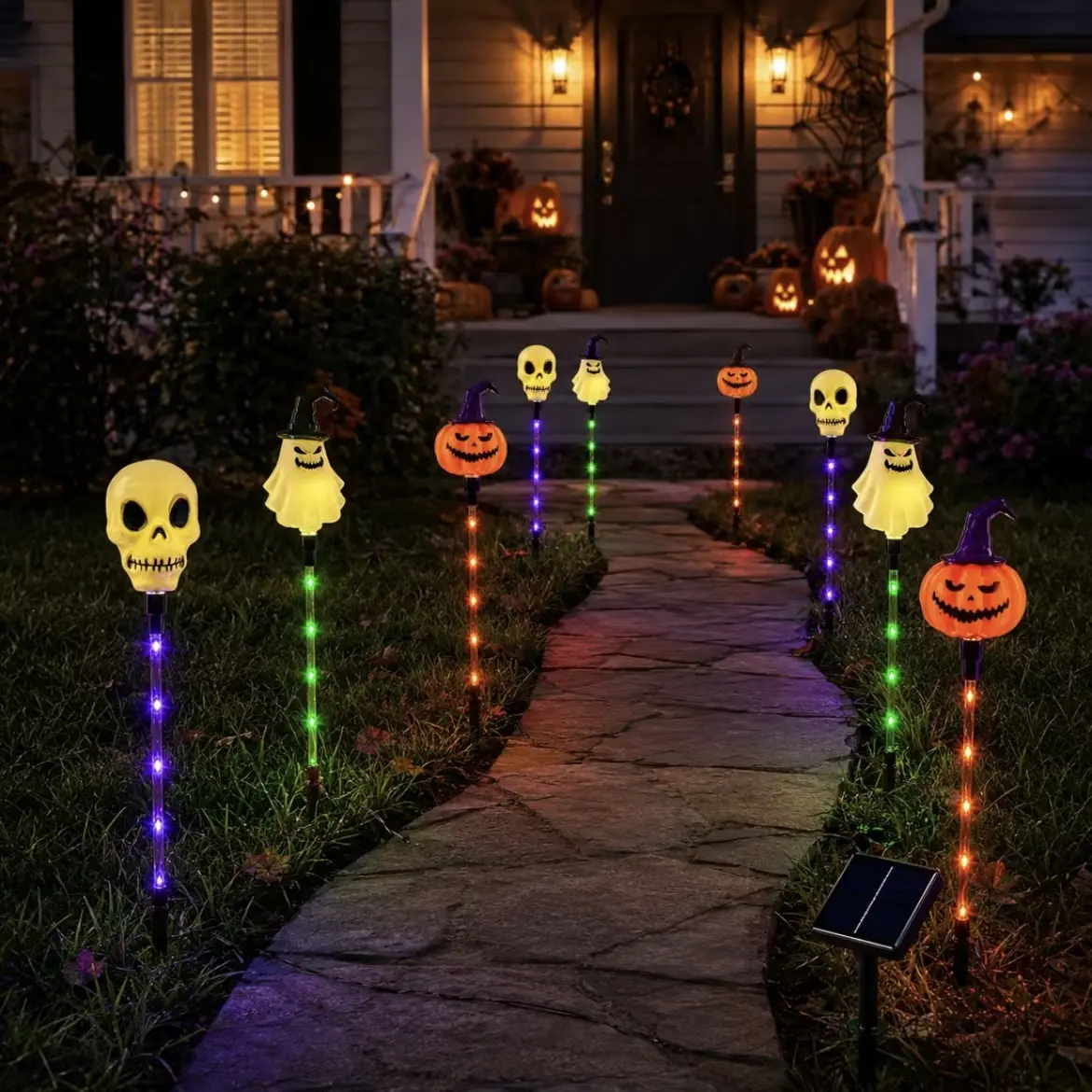 Set of 6 Halloween Solar Path Lights: OutdoorSkeleton, Ghost, and Pumpkin GardenStanding Lights with 8 Lighting Modes, IP65Waterproof, for Home Decor; Suitable for Lawns, Sidewalks, and Halloween Decorations