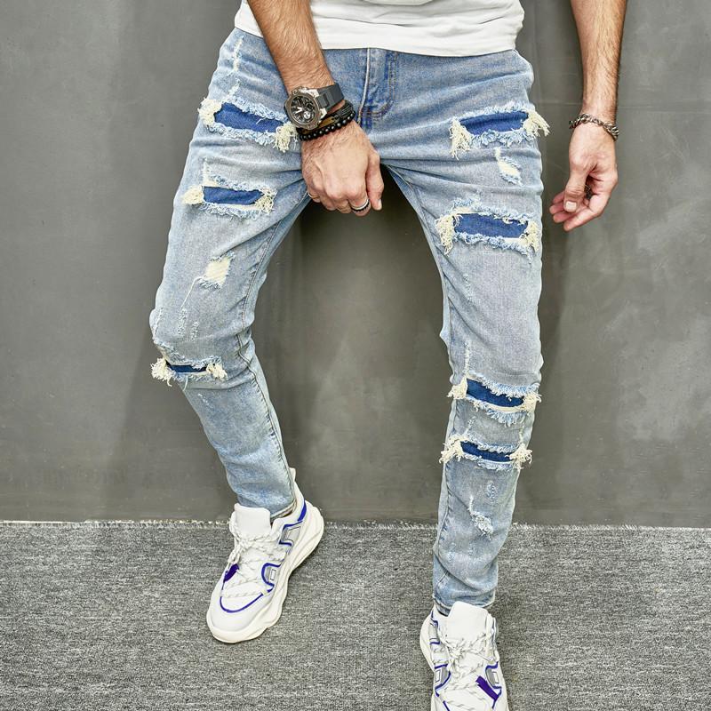 New Men's  Jeans patched denim Pants Spring Streetwear Hip Hop Slim Male Stylish Ripped Solid Casual Denim Holes SkinnyTrousers Menswear Underwear Human Pocket Motocross Beige Plain
