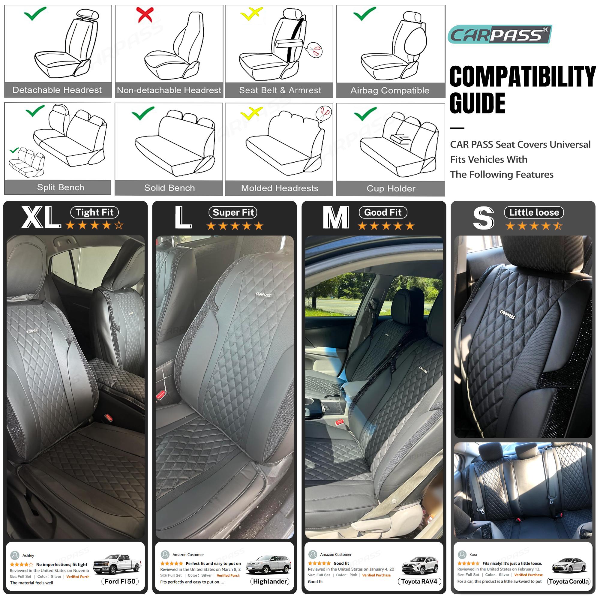 CAR PASS Bling Car Seat Covers, Microfiber Nappa Leather Luxury Cushioned, Waterproof Heavy-Duty Anti-Slip Universal Fit for Auto SUV Sedan, Sparkly Glitter Shining Rhinestone Full Set