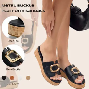 Imily Bela Womens Platform Sandals Cork Beach Slip on Wedges Metal Buckle Slides Open Toe Shoes