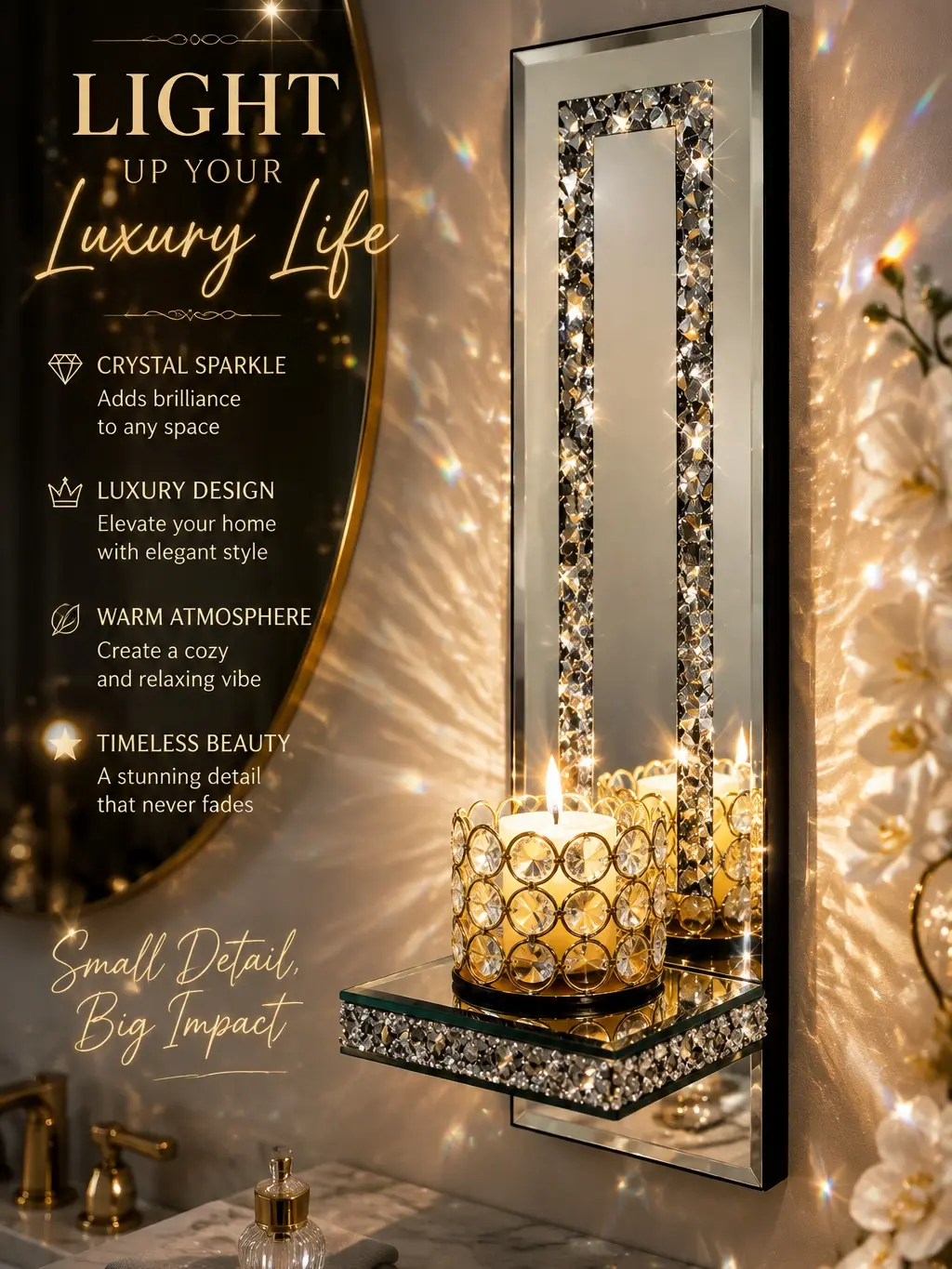 MDF Ornament Candle Holders - 2-Piece Rectangle Hanging Wall Sconce Set with Crystal Diamond-Edge Mirror Accent, Sparkly Finish, Art Deco Unique Decor for Home Bedroom, Entryway, Engagement