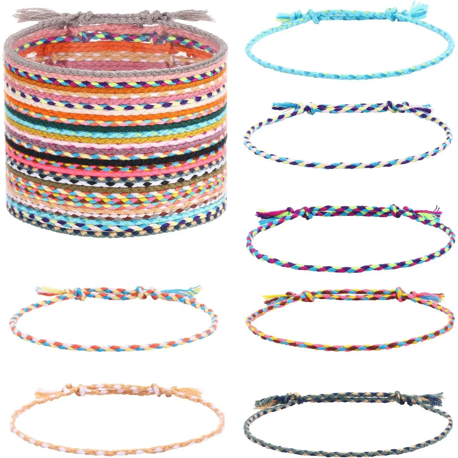 30Pcs Handmade Woven Friendship Loombands - Adjustable Colorful String Mix Bracelets, Stackable, Trendy Bangles for Daily Wear & Special Occasions