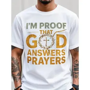 Men's Christian T-Shirt "I Am God's Response to Prayer" with Crown & Cross Design - Golden Lettering, Ultra-Soft Breathable Fabric, White/Black Round Neck Short Sleeve Shirt for Church, Easter, Christmas - Religious Apparel for Prayer Meetings