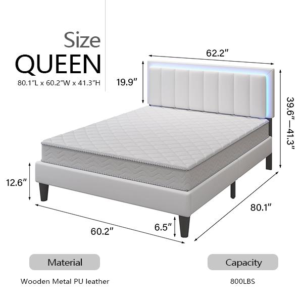 HOMBCK Led Bed Frame, No Mattress, Soft Modern Bed Frame with Luxury Leather Headboard, APP Adiust the Light, No Box Spring Needed