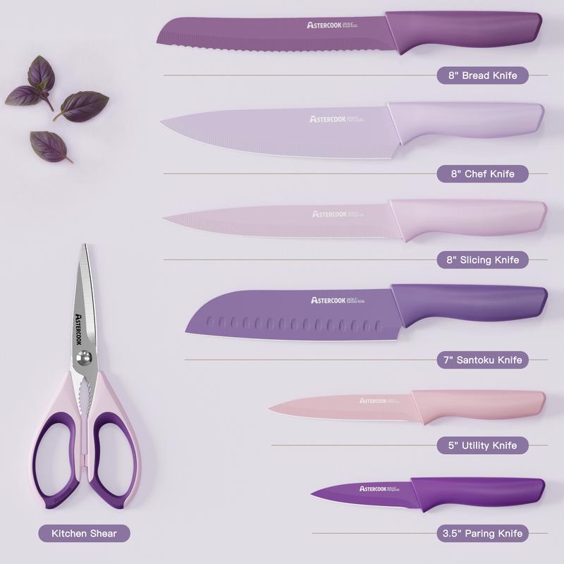 【Valentines Day】Astercook 7-Piece Purple Kitchen Knife Set, Stylish Anti-Rust Coated Stainless Steel Knives, Dishwasher Safe