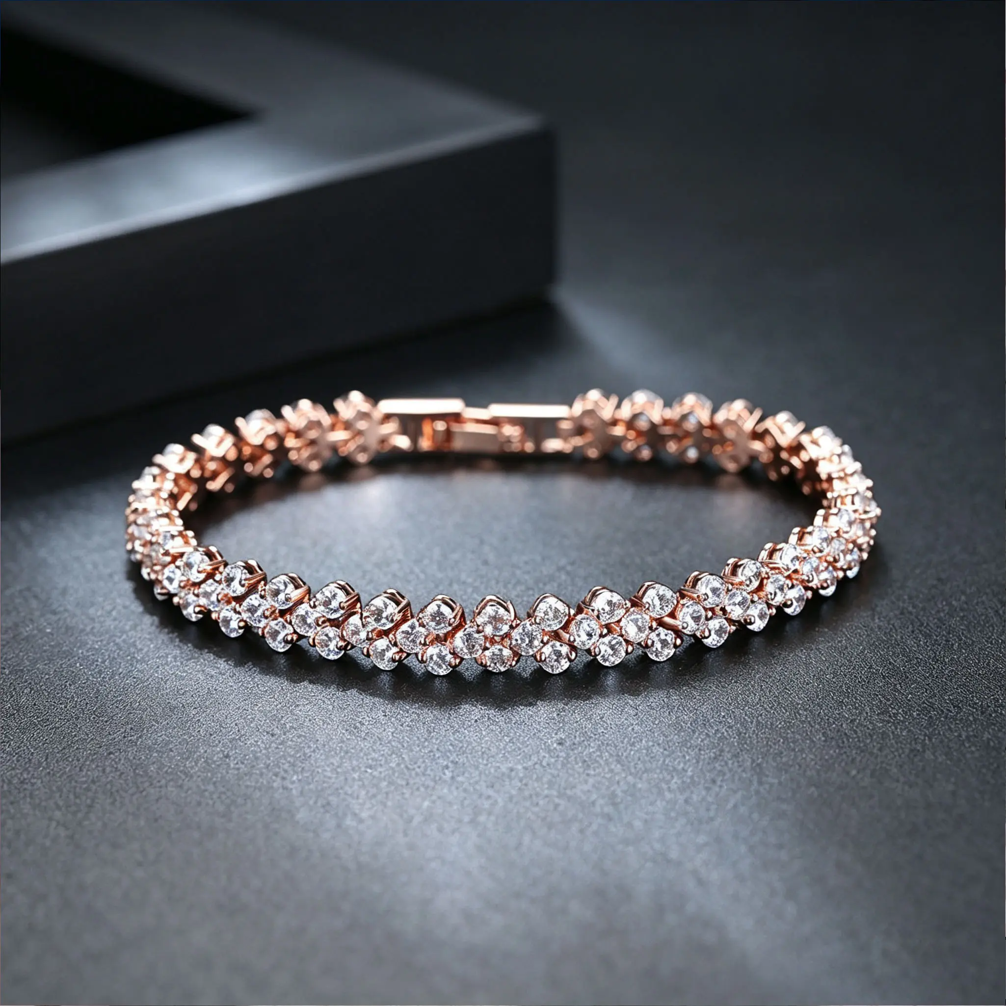 Rose Gold Plated Crystal Tennis Bracelet, Women's Gold-Tone Clear Stone Therapy Cuff Sparkling Round Cut Stones, Elegant Everyday & Bridesmaid Jewelry