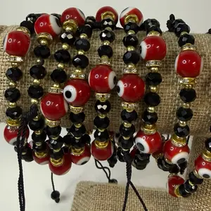 Red and Black Beaded Evil Eye Bracelet for Protection with Gold Accents and Adjustable String