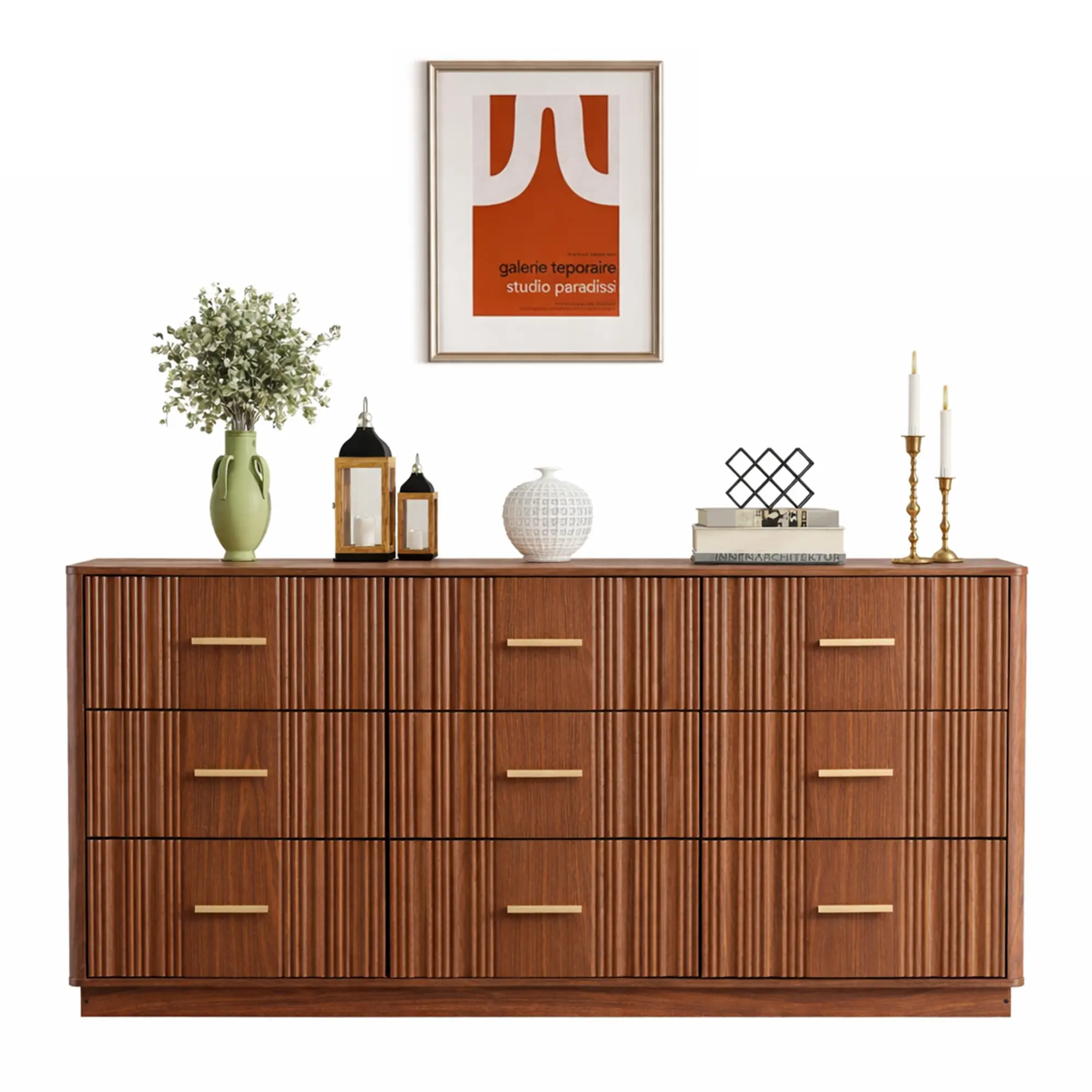 Giratree 59" Fluted Dresser with 3/5/6/8/9 Drawers, Mid-Century Modern Wooden Chest of Drawers, Bedroom Dresser TV Stand, Storage Organizer for Living Room & Hallway