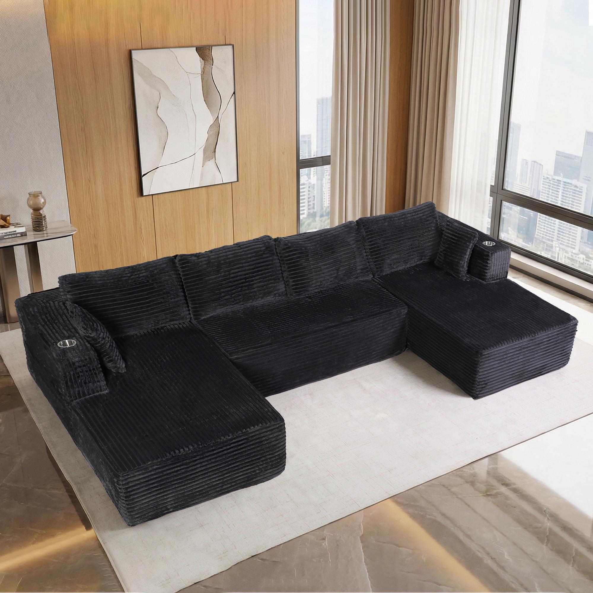 【U-shape: 3 Packages！L-shape: 2 Packages】 137.8“ Cloud Modular Sectional Sofa Couch U - With Cup Holder and Side Pockets - Shape Chaise - Corduroy Fabric - No Assembly - Required for Living Room Bedroom