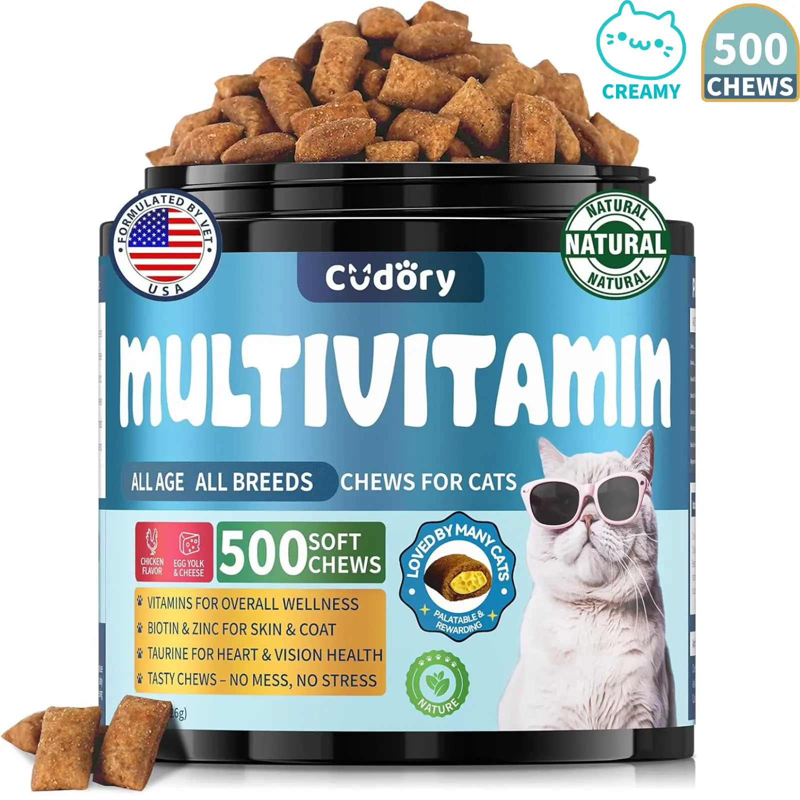 Cudory Cat Multivitamin, Crunchy & Creamy Cheese Chew– Supports Energy and Skin & Coat – with Taurine, B-Complex, Zinc Methionine & Selenium Yeast – Daily Health Supplement for Cats of All Ages (500 Chew)