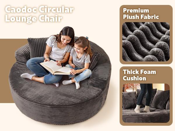 HOOOWOOO 59"W Oversized Round Sofa Bed - Modern & Boneless O-Shape Chaise Lounge, Lazy Bean Bag Chair, Deep Seat Couch with 3 Pillows, Plush Corduroy Fabric Chaise Lounge, No Assembly Required HOOOWOOO 59"W Oversized Round Sofa Bed - Modern & Boneless O-Shape Chaise Lounge, Lazy Bean Bag Chair, Deep Seat Couch with 3 Pillows, Plush Corduroy Fabric Chaise Lounge, No Assembly Required