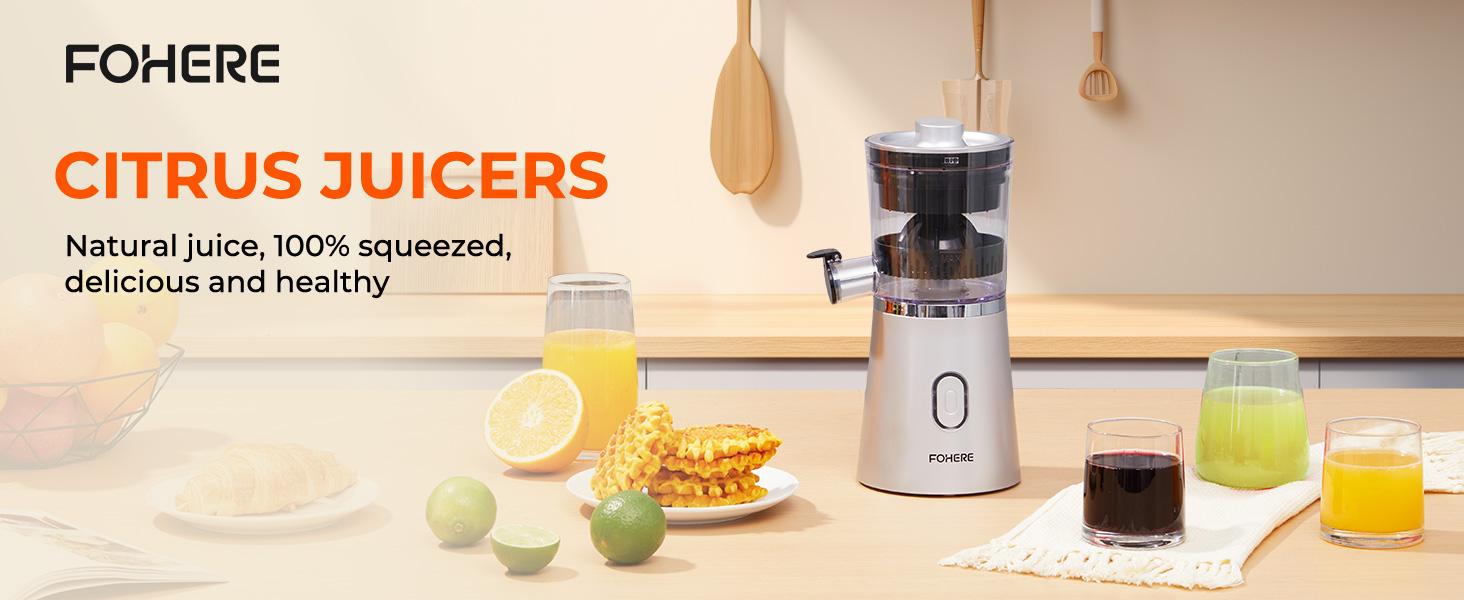 FOHERE Electric Citrus Juicer Squeezer, Automatic Orange Juicer with Power Cord, One Touch Operation, Portable Juicer Suitable for Lemon, Citrus Fruit, Easy to Clean, Silver