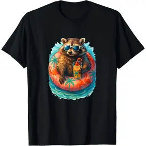 [100% pure cotton short-sleeved shirt] Unisex, 1 "Swimming Pool Floating Bed Raccoon" retro tropical summer memeT T-shirt: Pure cotton breathable and skin-friendly, suitable for all seasons