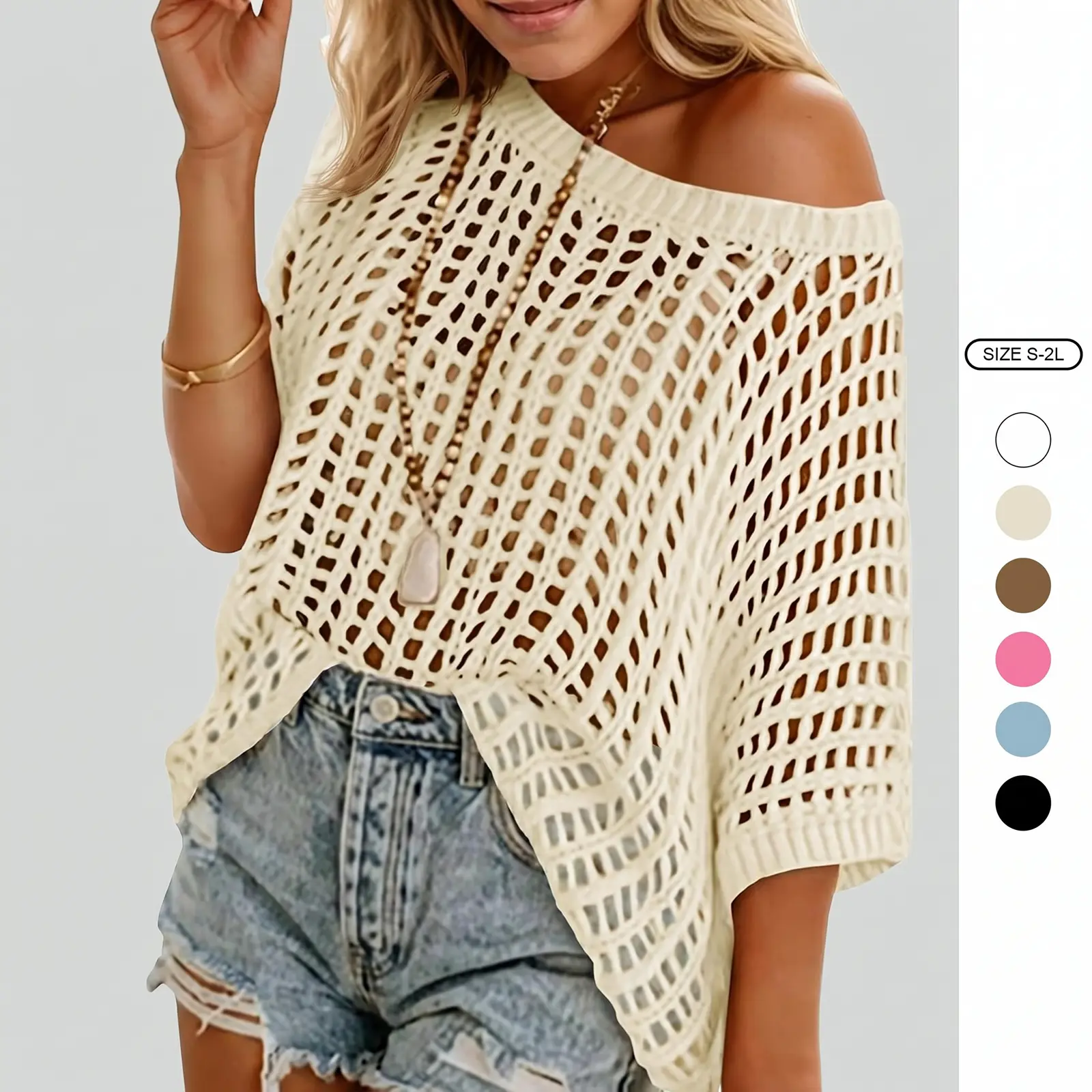 Imily Bela Womens Crochet Sweater Tops Batwing Short Sleeve Oversized Boat Neck Boho Knit Summer Beach Cover Ups