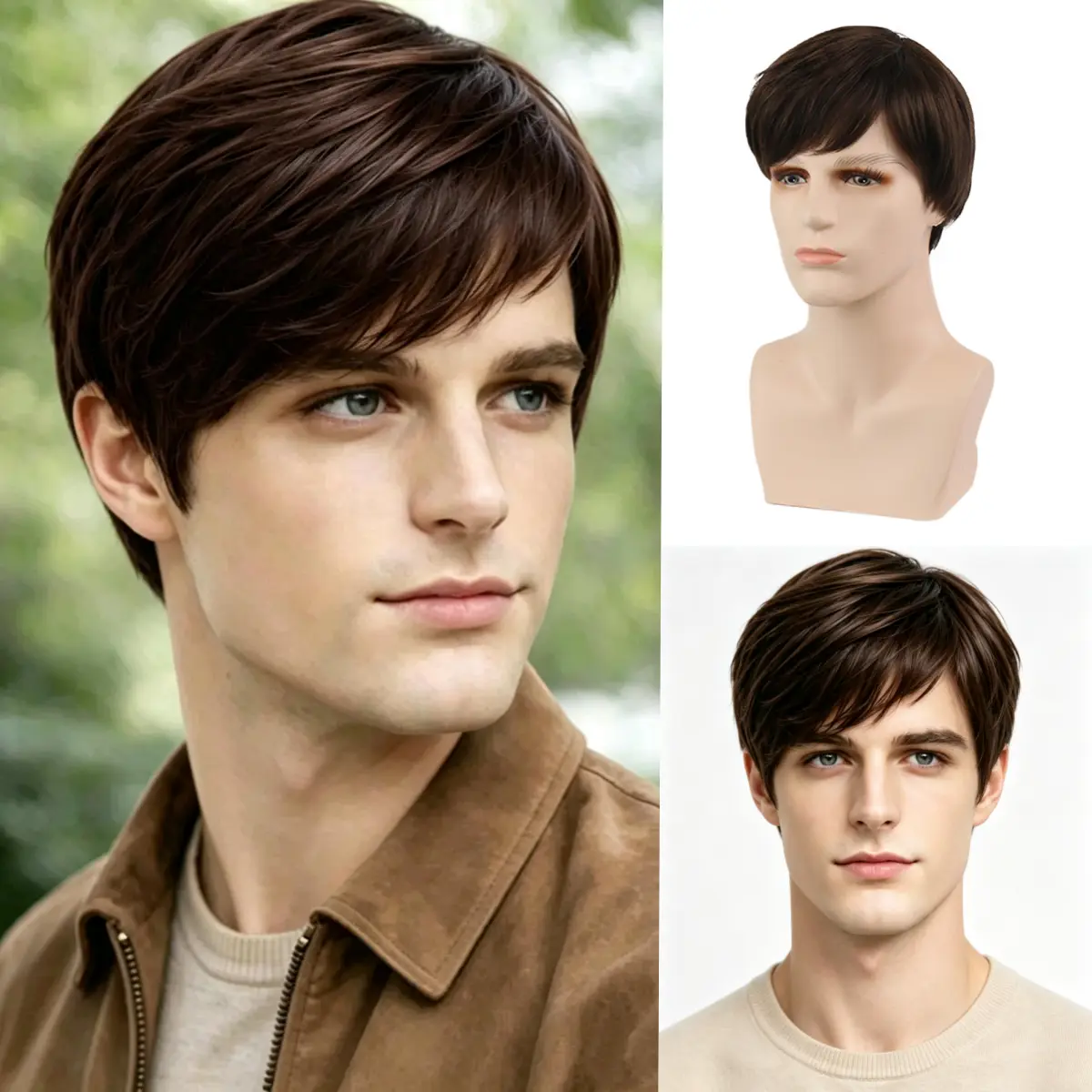 Fashionable short brown wig men's straight natural side cosplay stage, cool fashion style for Halloween costumes, cosplay, and cosplay parties - suitable for multifunctional clothing accessories