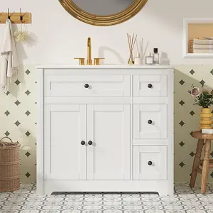 36"Bathroom Vanity with Ceramic Sink, Organizer Tier-Hidden Storage, Restroom Basin Cabinet with 2 Doors,Modern Lavatory Laundry Room Freestanding