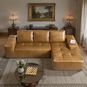 Weaxty Faux Leather Sectional Couch, Modular Vintage Sofa with Chaise&Ottoman, L-Shaped Oil Wax Removeable Sofa Set for Living Room, No Assembly Needed, Back Support[3 Packages Shipping]