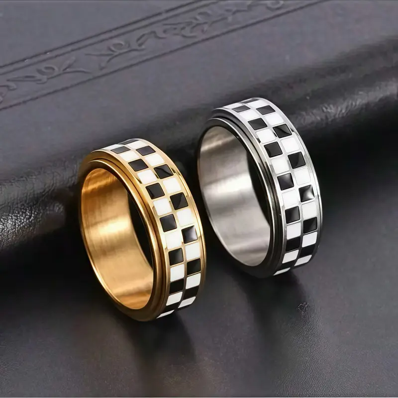 Virelyn Checkered Print Fidget Finger Ring - 18K Gold-Plated Stainless Steel, Unisex Adults' Geometric Stress Relief Fashion Accessory, Quirky Gifts for Women, Daily Wear Costume Gold Rings Accessories Virelyn Checkered Print Fidget Finger Ring - 18K Gold-Plated Stainless Steel, Unisex Adults' Geometric Stress Relief Fashion Accessory, Quirky Gifts for Women, Daily Wear Costume Gold Rings Accessories