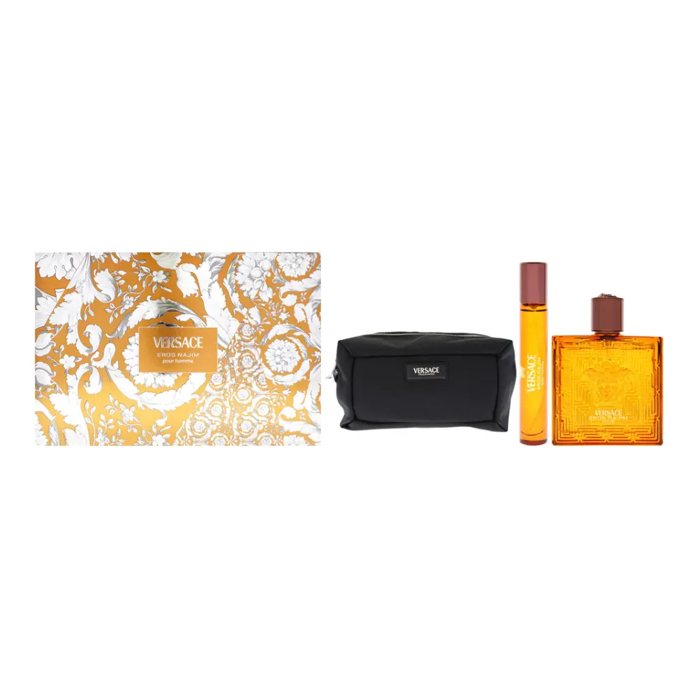 Versace Eros Najim Parfum Pour Homme Single Item 3-Pc Gift Set - 3.4 oz Spray, Travel Size, Pouch | Luxury Oriental Woody Men’s Fragrance