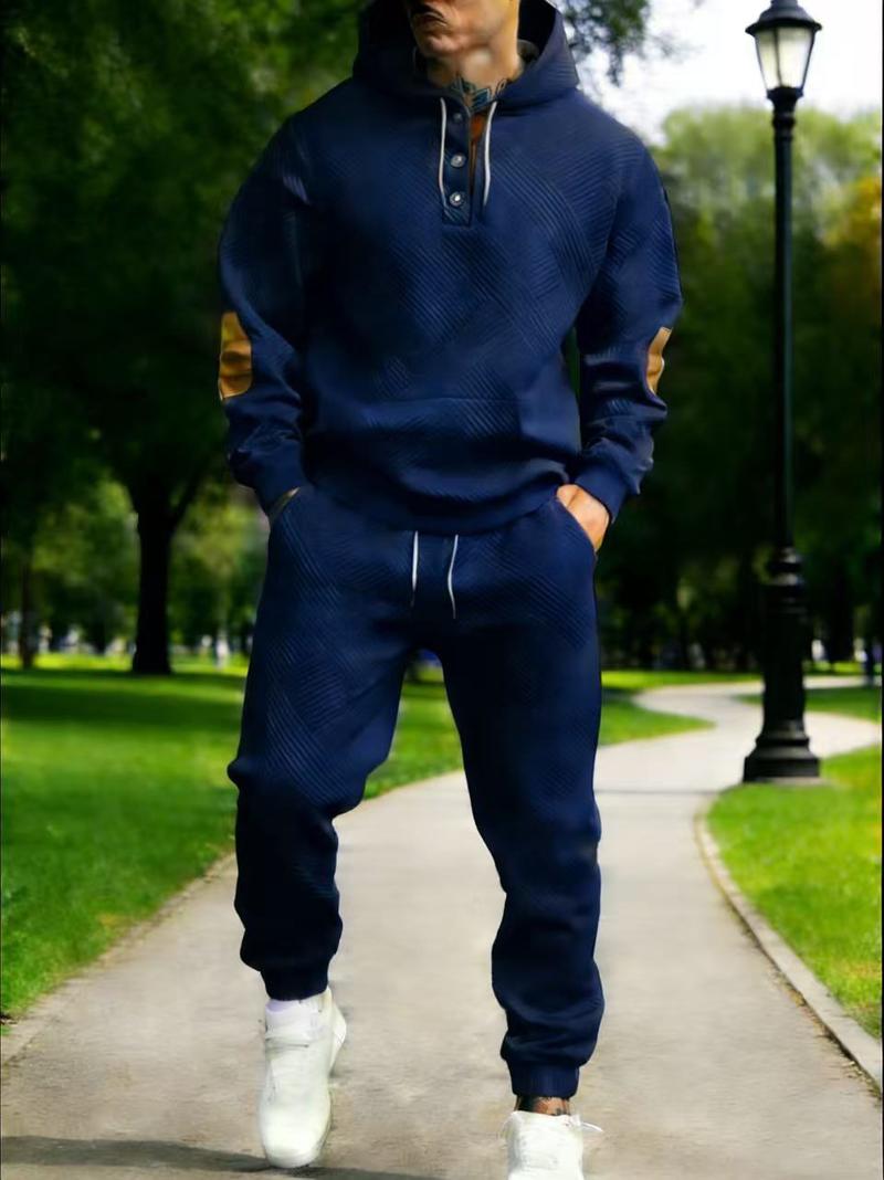 Men's two-piece textured hoodie tracksuit with a geometric pattern sweatshirt and contrasting elbow patches, casual street style, soft and comfortable 2026 fashion loungewear