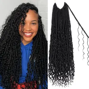 Unionbeauty 9 Packs Goddess Locs Crochet Hair 18 Inch Black Pre looped River Locs Crochet Braid Boho Locs Crochet Hair with Curly Ends Synthetic Crochet Hair Extensions For Women 1B#