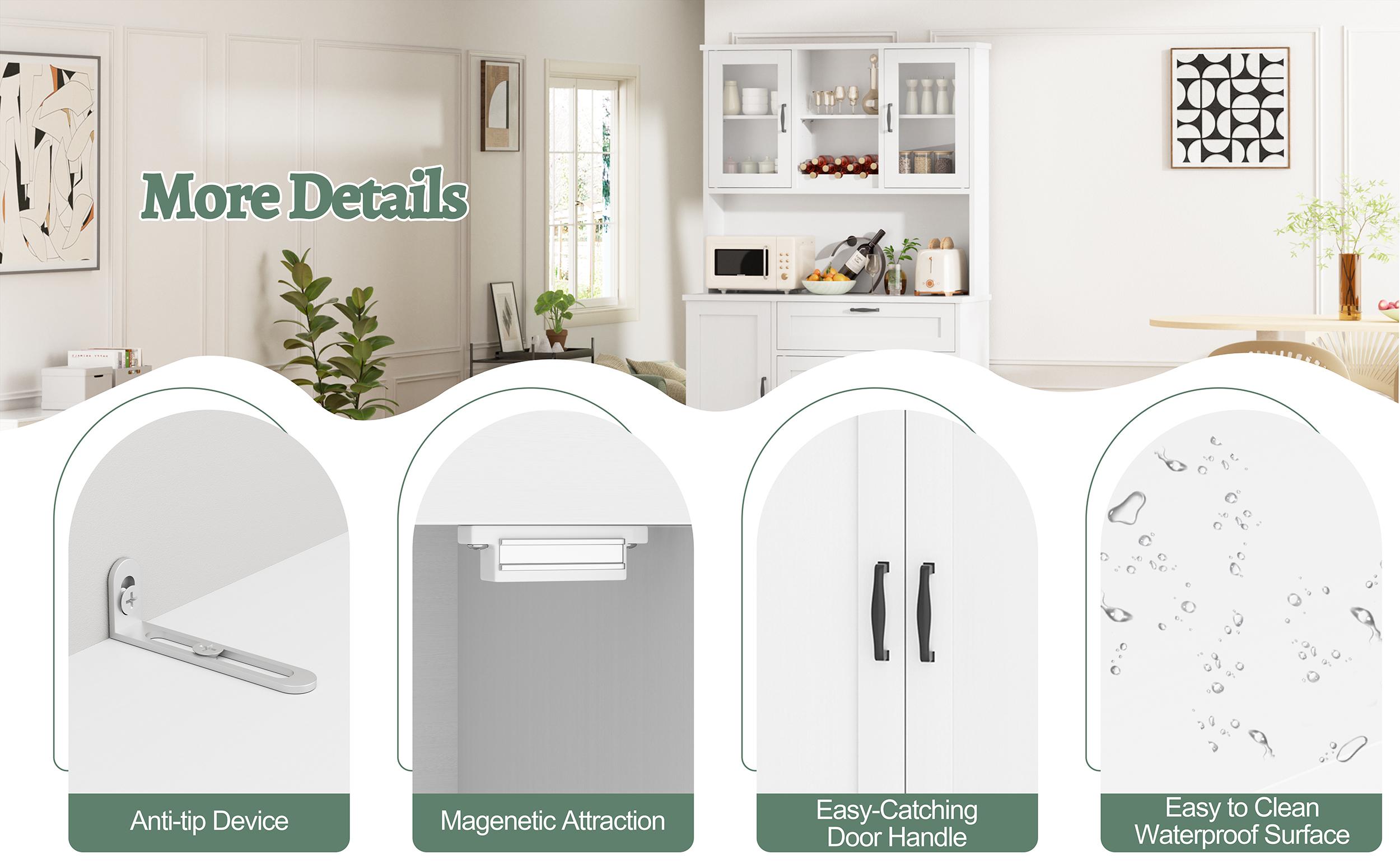 Walsunny Kitchen Pantry Storage Cabinet, Freestanding Buffet Cabinet with Microwave Stand, 4 Door Shelves, Adjustable Shelves & Wine Rack, White