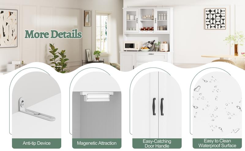 Walsunny Kitchen Pantry Storage Cabinet, Freestanding Buffet Cabinet with Microwave Stand, 4 Door Shelves, Adjustable Shelves & Wine Rack, White