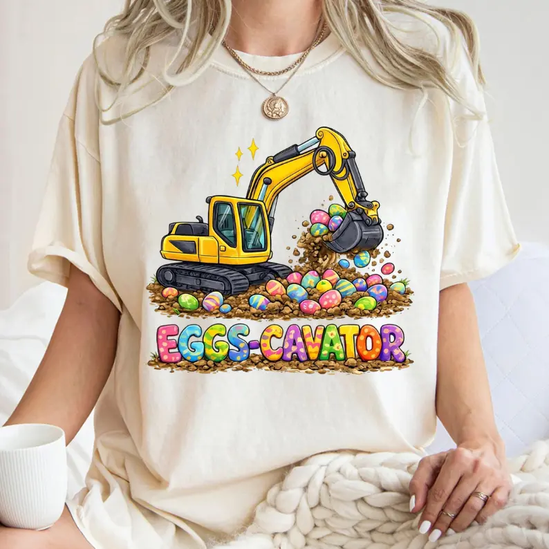 Eggs-Cavator Easter T-Shirt, Funny Easter Egg Hunt Tee, Cute Digger Truck Outfit, Festival, Gift For Unisex, Comfortable, Cotton, Crew Neck, Short Sleeve, Casual	