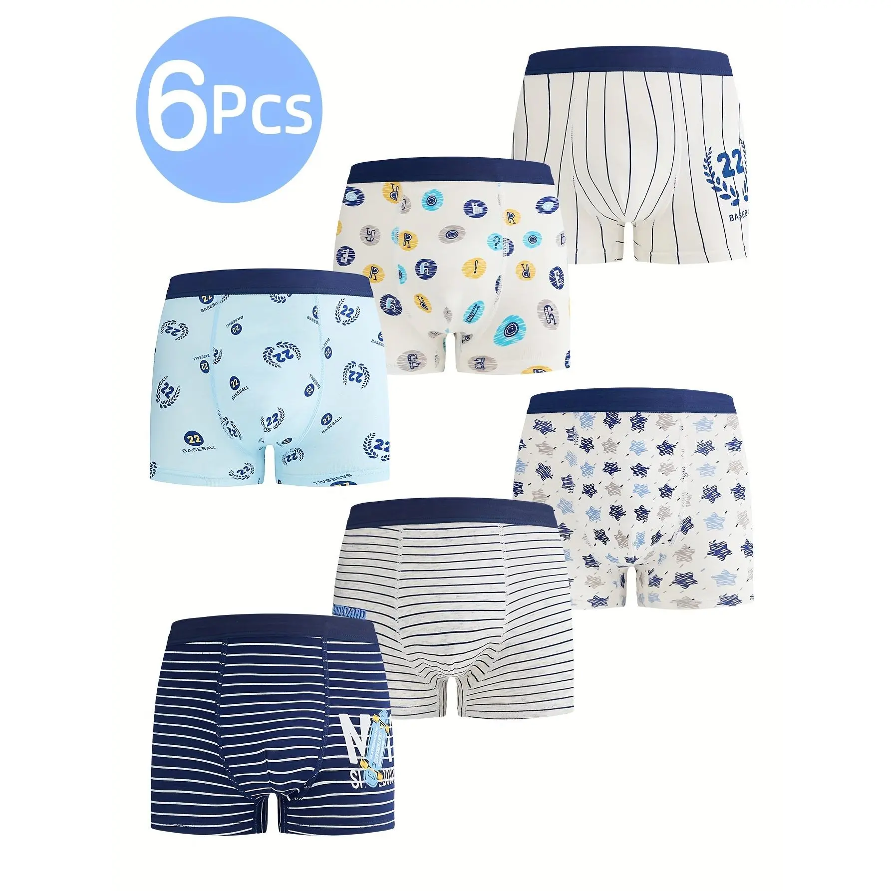 6pcs Boys' Cotton Blend Boxer Briefs - Cute Cartoon & Stars Print, Soft & Breathable, Stretchy Underwear for Youngsters Children