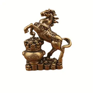 Miniature Brass Chinese Zodiac Lucky Horse Statue, Feng Shui Ornament for Home & Office Desktop Decoration