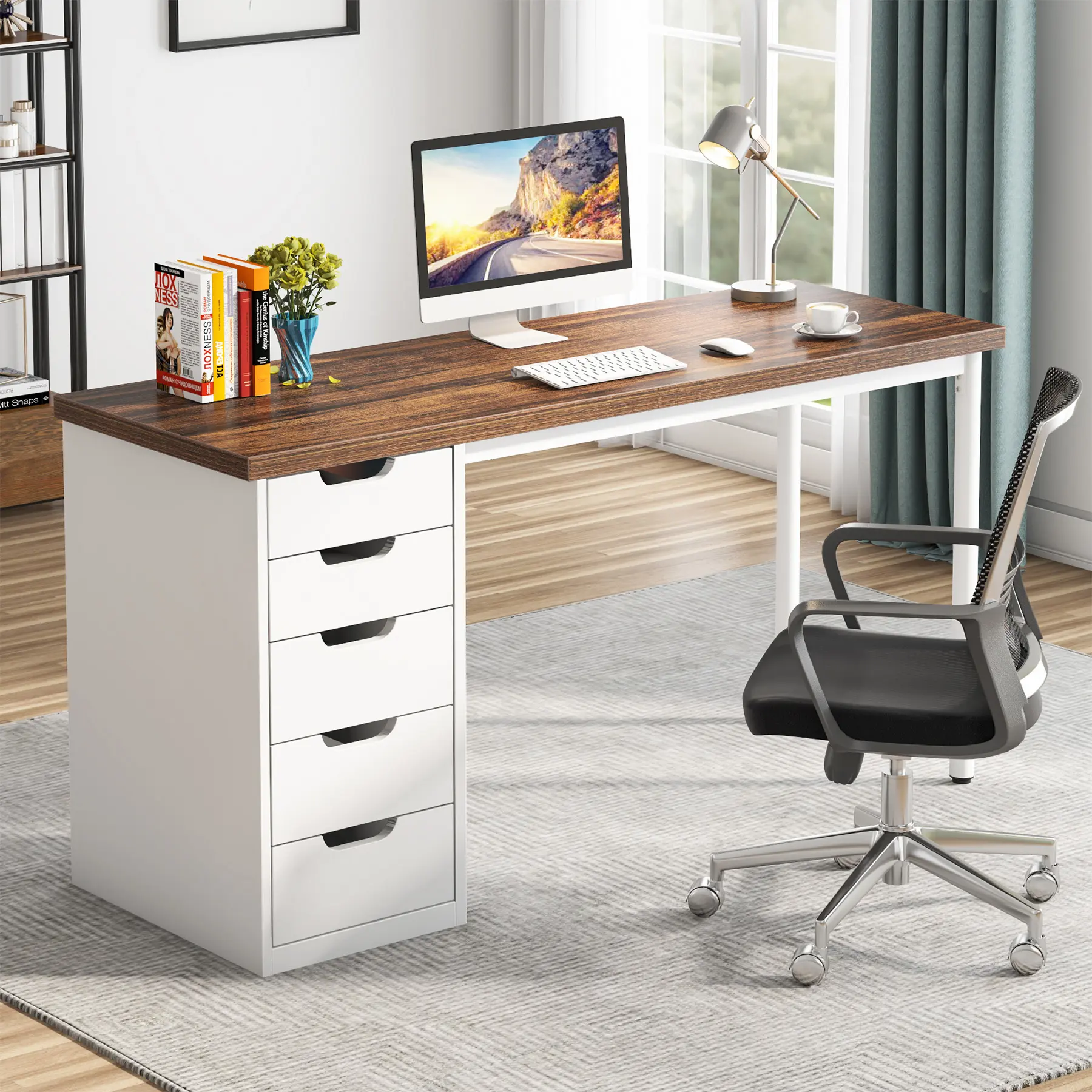 LITTLE TREE Computer Desk with 5 Drawers, 47 inches Rustic Brown Home Office Desk with Storage, Modern Simple Laptop Desk Study Writing Table for Small Spaces (Reversible Drawer Cabinet)