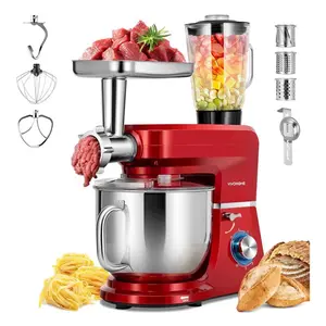 6-in-1 Stand Mixer, 8.5 Quart Electric Tilt-Head Kitchen Mixer with Bowl, Multifunctional Food Mixer for Cake, Bread, and Dough, with Meat Grinder, Blender, Pasta Maker Attachments, Red