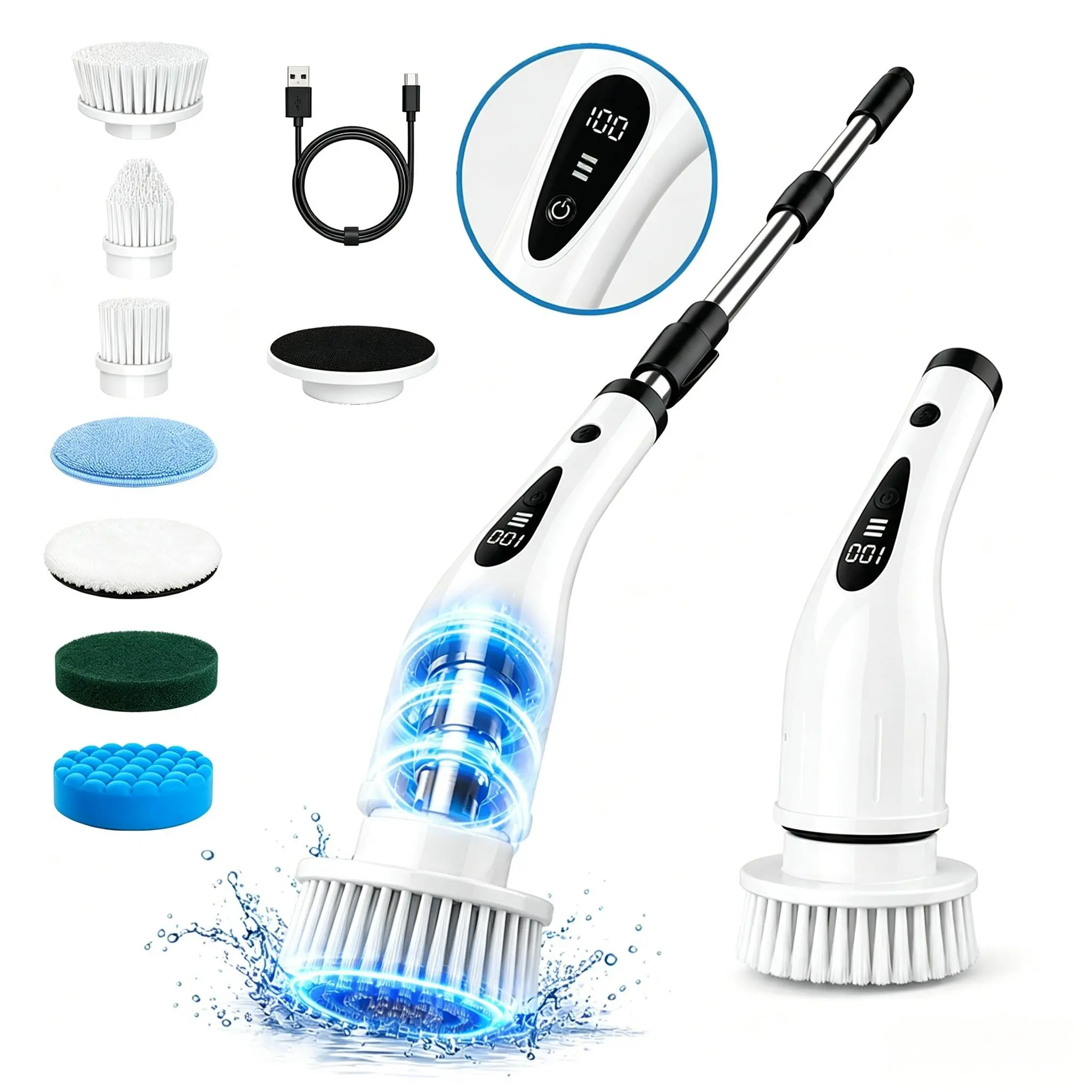 2026 Upgraded Cordless Rechargeable Spin Scrubber with LCD Display, 8 Replaceable Brush Heads, 3-Speed Settings, Extendable Handle, IPX7 Waterproof, 330-390 RPM Spin - Home Cleaning Tools for Bathroom, Kitchen