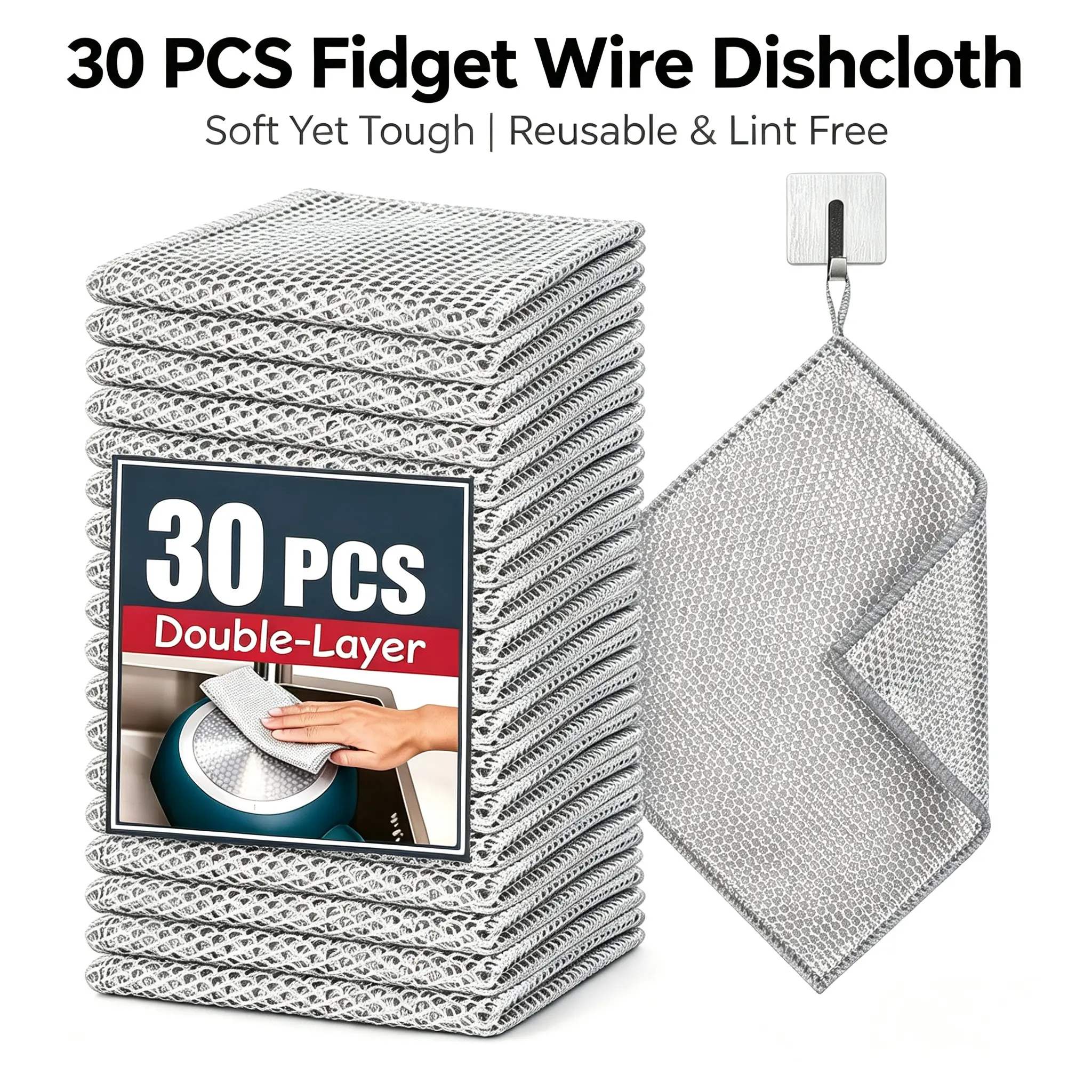 30 PCS Double Layer Wire Dishcloth Set - Multi-Textured Sensory Fidget Rag, Non-Scratch Reusable Washable Cleaning Mesh Towel for Kitchen Scrubbing & Daily Calming (Toys & Hobbies DIY Knitting Crochet Yarn Accessory)