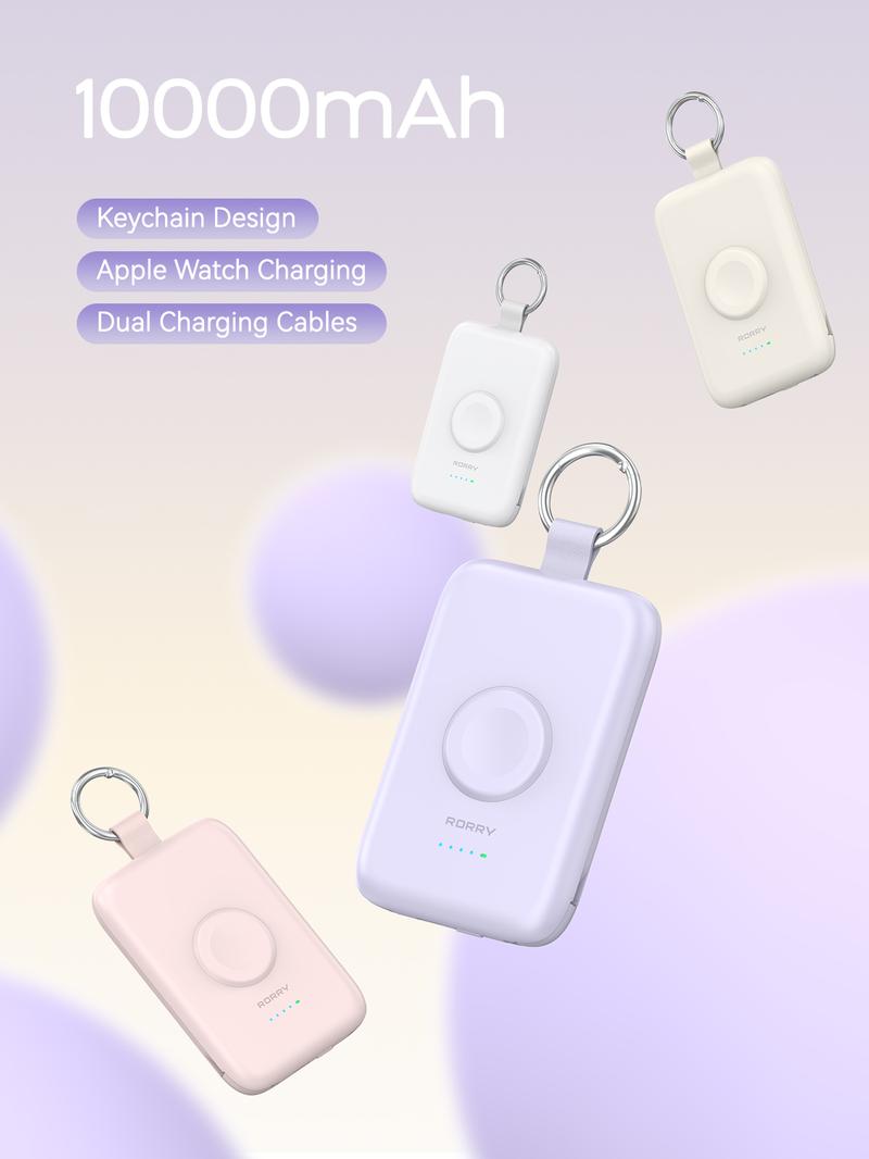 RORRY Portable Charger 10000mAh PD 20W Fast Charging Multifunctional Power Bank with Built-in Cables for Apple Watch & iPhone Compact Keychain Design Gift Idea Valentinesdaygift