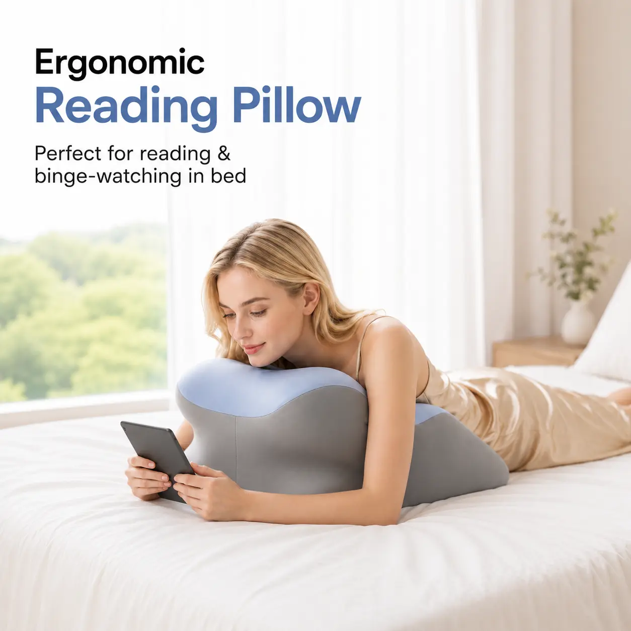 Ergonomic Face Down Reading Pillow, Cooling Memory Foam Cushion for Phone Use, Supportive Bolster Pillow for Neck, Back and Leg Support, Soft Removable Cover, Multi-Purpose Bed Sofa Relax Pillow