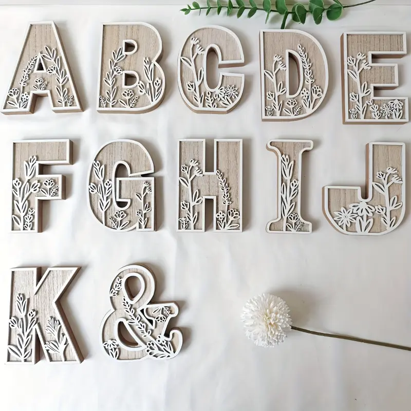1pc Floral Carved Wooden Letter, Rustic Wood Alphabet Wall Decor, Room Name Sign, Wildflowers Wall Art Letters, Wedding Decoration Letters, French Country Style, Home Decor - 4.92 X 2.36-5.51 Inches Hanging Ornaments Hangable