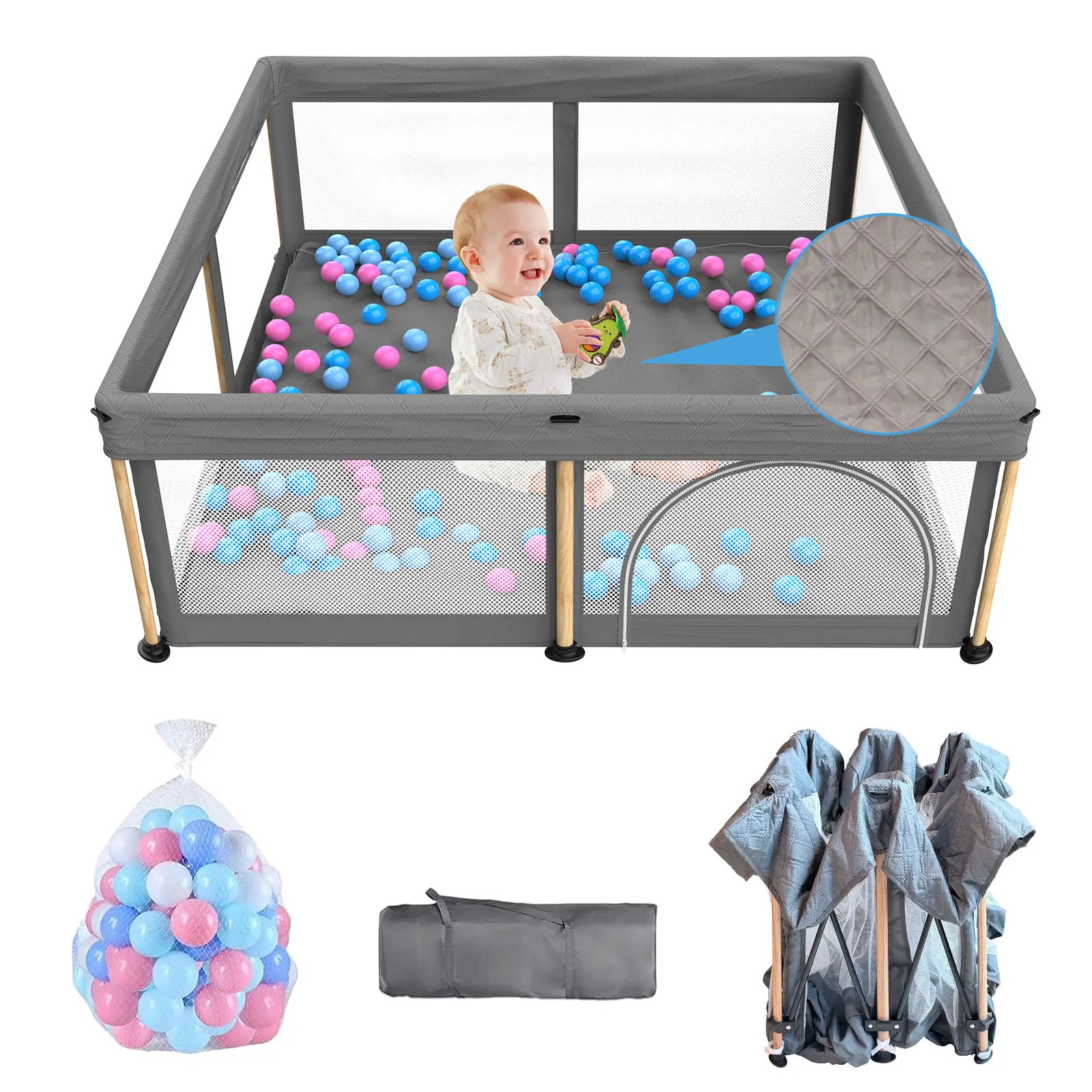 Foldable Baby Playpen，indoor & outdoor use for Babies and Toddlers，50x50 Inch Portable Activity Center with  Zipper Gate,Mat,Breathable Mesh& 50 Ocean Balls,,Printed Wood Grain#tiktokshopbacktoschool