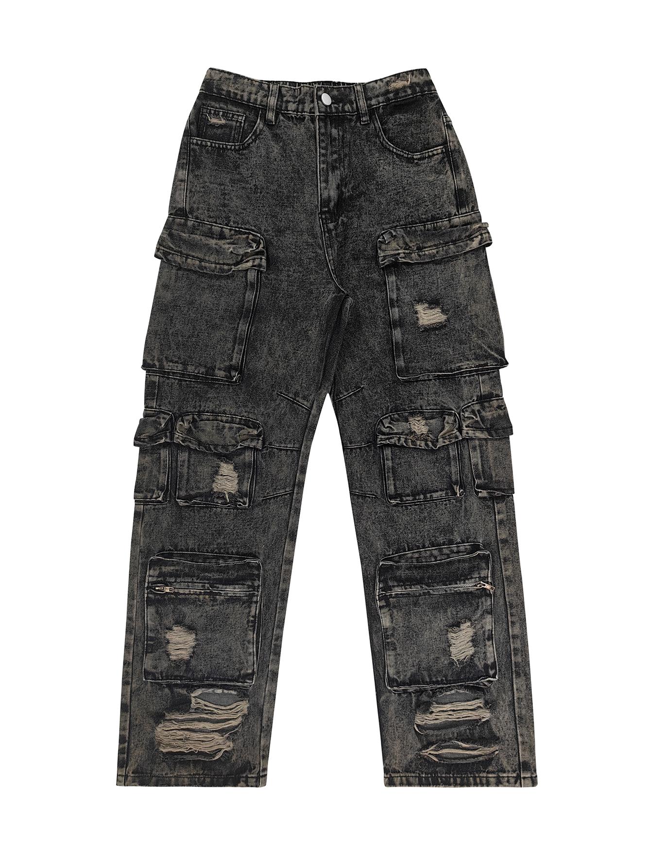 Elengatine  FallFreshness 13 Pockets Casual Chic High Waisted Loose Fit Straight Leg Cargo Jeans Women Vintage - inspired Distressed Denim Cargo Pants for Women, Multiple Utility Pockets, Loose Wide - Leg Style Trouser Womenswear