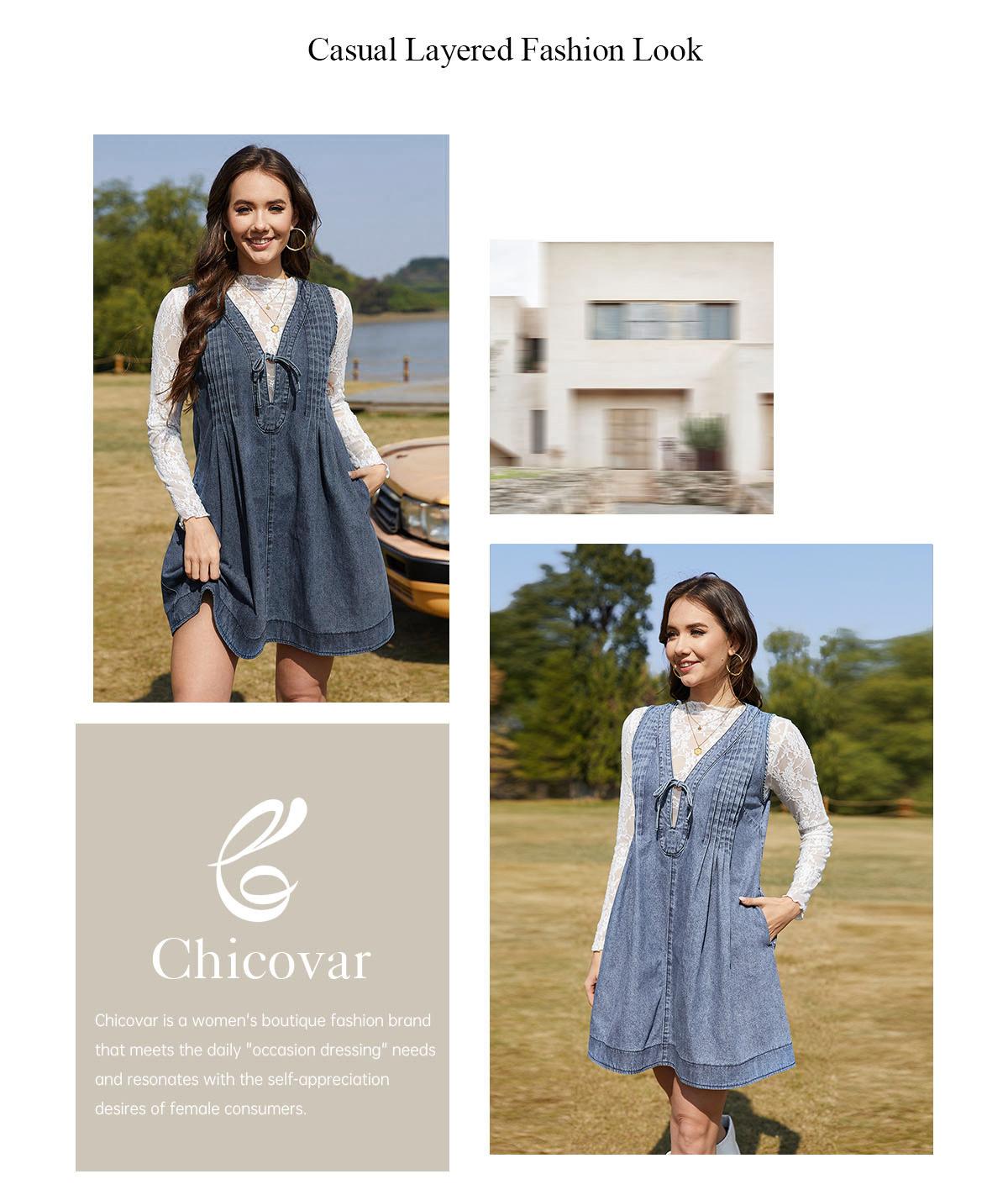 Chicovar Women's Oversized Vintage Denim Mini Dress, Easter dress,Sleeveless V-Neck Tie Front Ruffle Layered A-Line Tunic with Pockets & Front Pleats, Casual Outfit