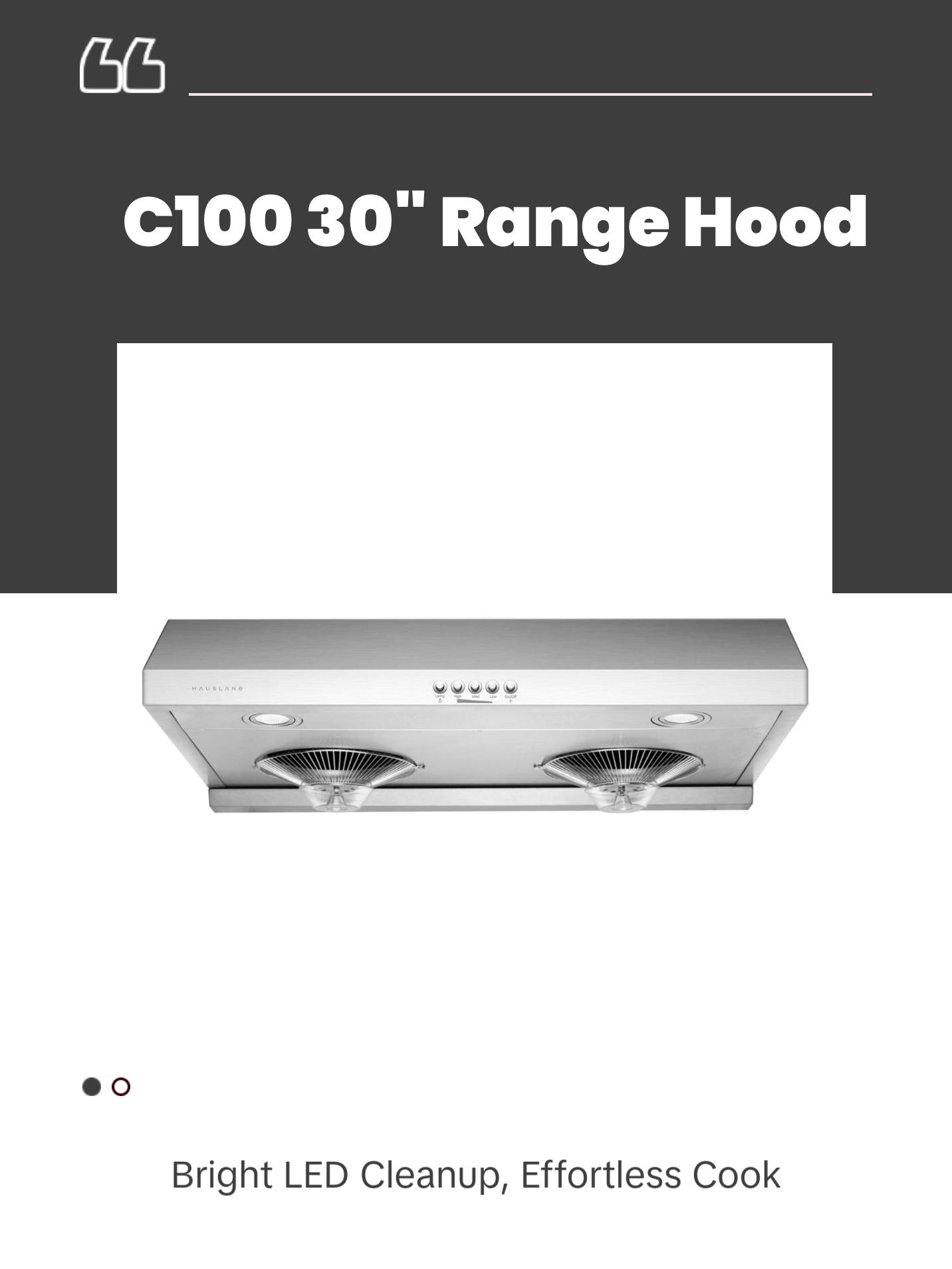 Hauslane | Chef Series Range Hood C100 30" Under Cabinet Kitchen Extractor | Stainless Steel Electric Stove Ventilator | 3 Speed Settings | Energy Efficient LED Lamps | Fits 6 Inch Round Ducts