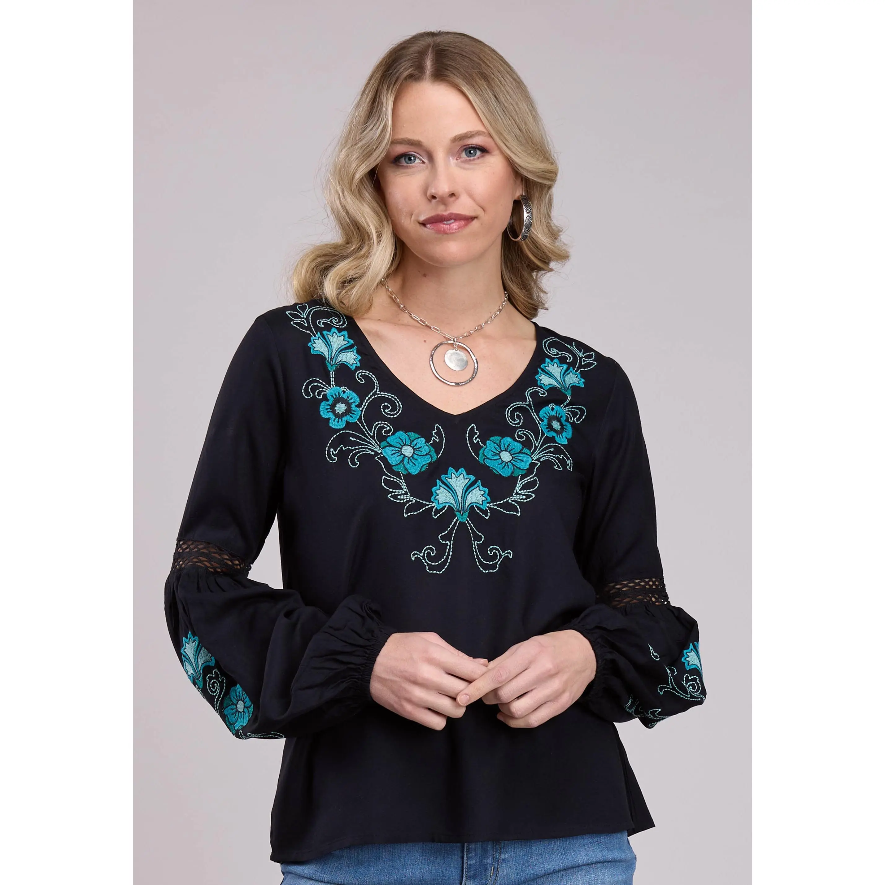 Womens Long Sleeve Pullover Black Rayon Challis Blouse Western Shirt
