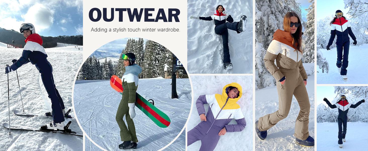 Fisoew Womens One Piece Ski Suit Warm Waterproof Snowsuits Winter Snow Jumpsuits Outdoor Sports Outerwear