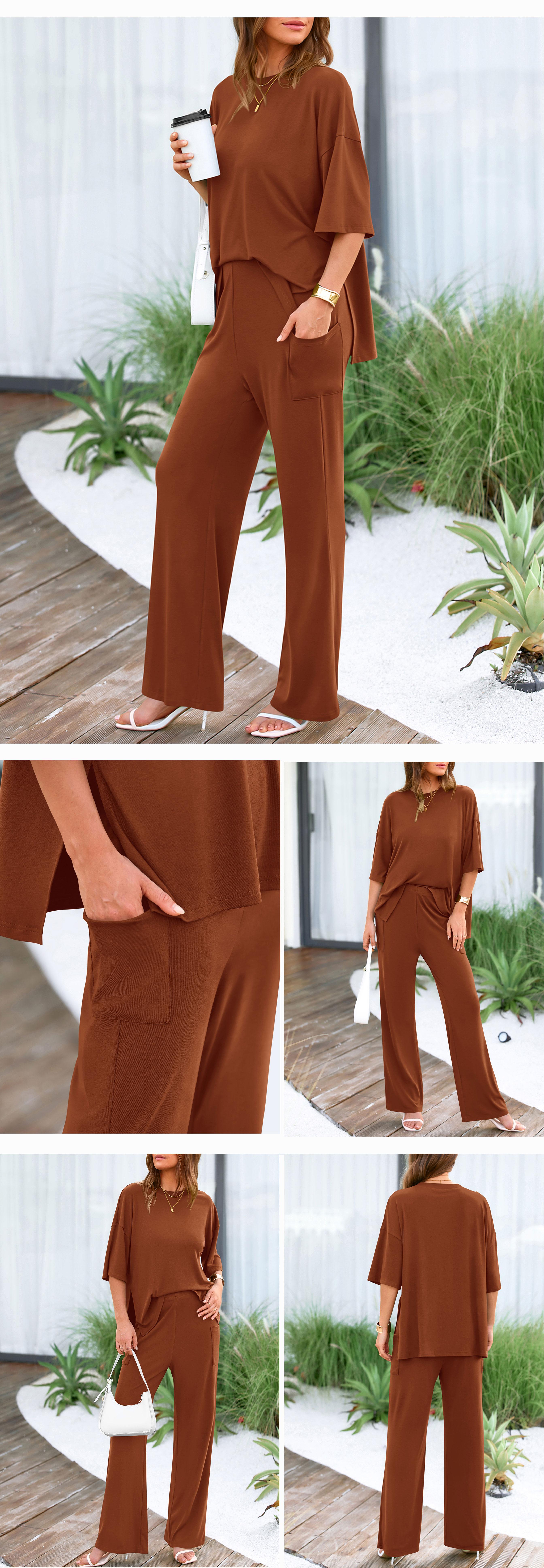 PrettyGarden Women's 2-Piece Outfits Short Sleeve Pullover Tops Split Hem Wide Leg Pants Lounge Sets, Comfy Pjs, Soft Suits-Womenswear Loungewear Nightwear