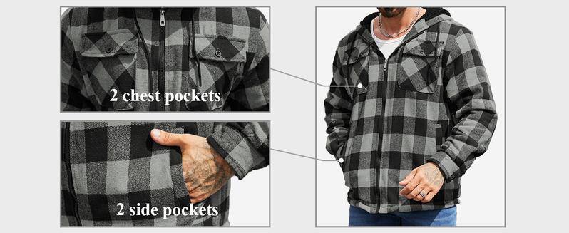 ZITY Men's Sherpa Lined Plaid hoodies Jacket – Flannel Zip Up with Chest Pockets, Warm Winter Outerwear Menswear Sweatshirts Gingham Checked