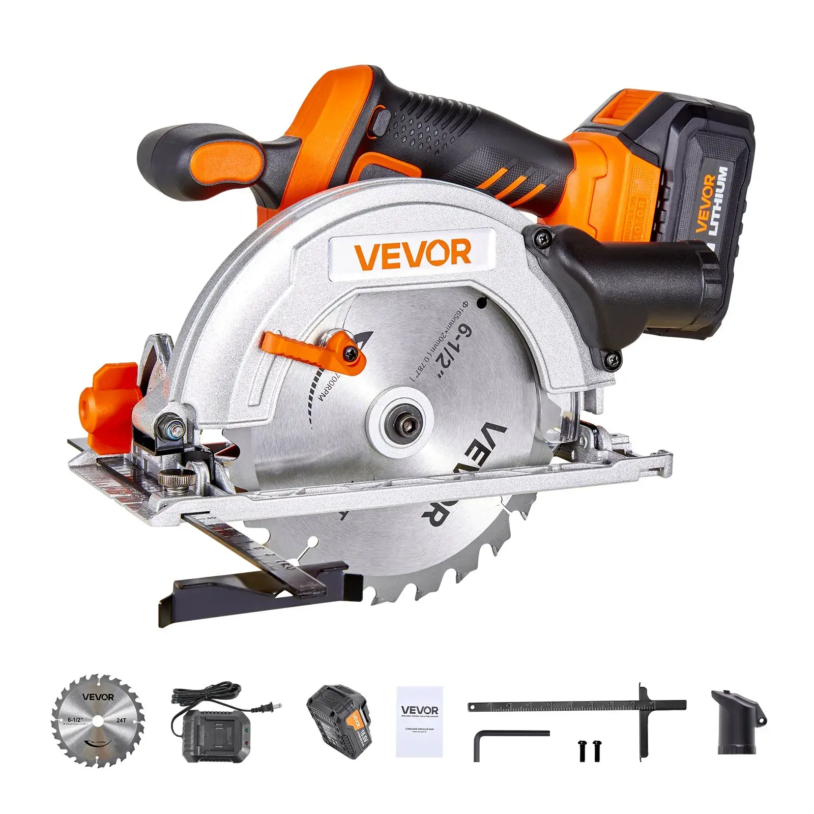 【Summerfinds】VEVOR 20V Cordless Circular Saw Tool Kit, 6-1/2 in Blade, 4700 RPM, 0-45° Bevel (1.57 in at 45°), Brushless Cutting Machine, Steel Base, Dual Handle, LED Light, Battery & Charger, Wood Cutting & Cutting Tasks, Portable Construction Tools, Bla