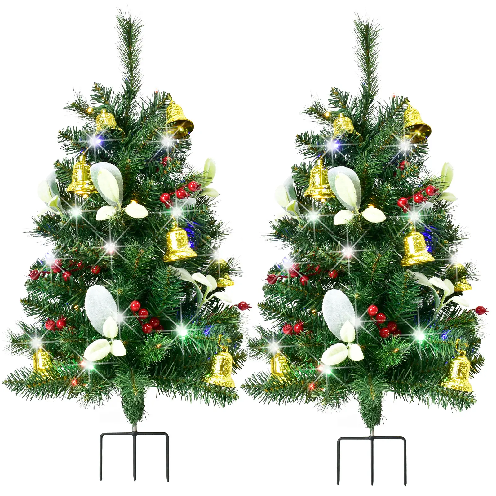 Set of 2 Christmas Tree Outdoor - Prelit Xmas Tree w/ 80 LED Multi-Color, for Outside Holiday Display Yard Front Porch Pathway