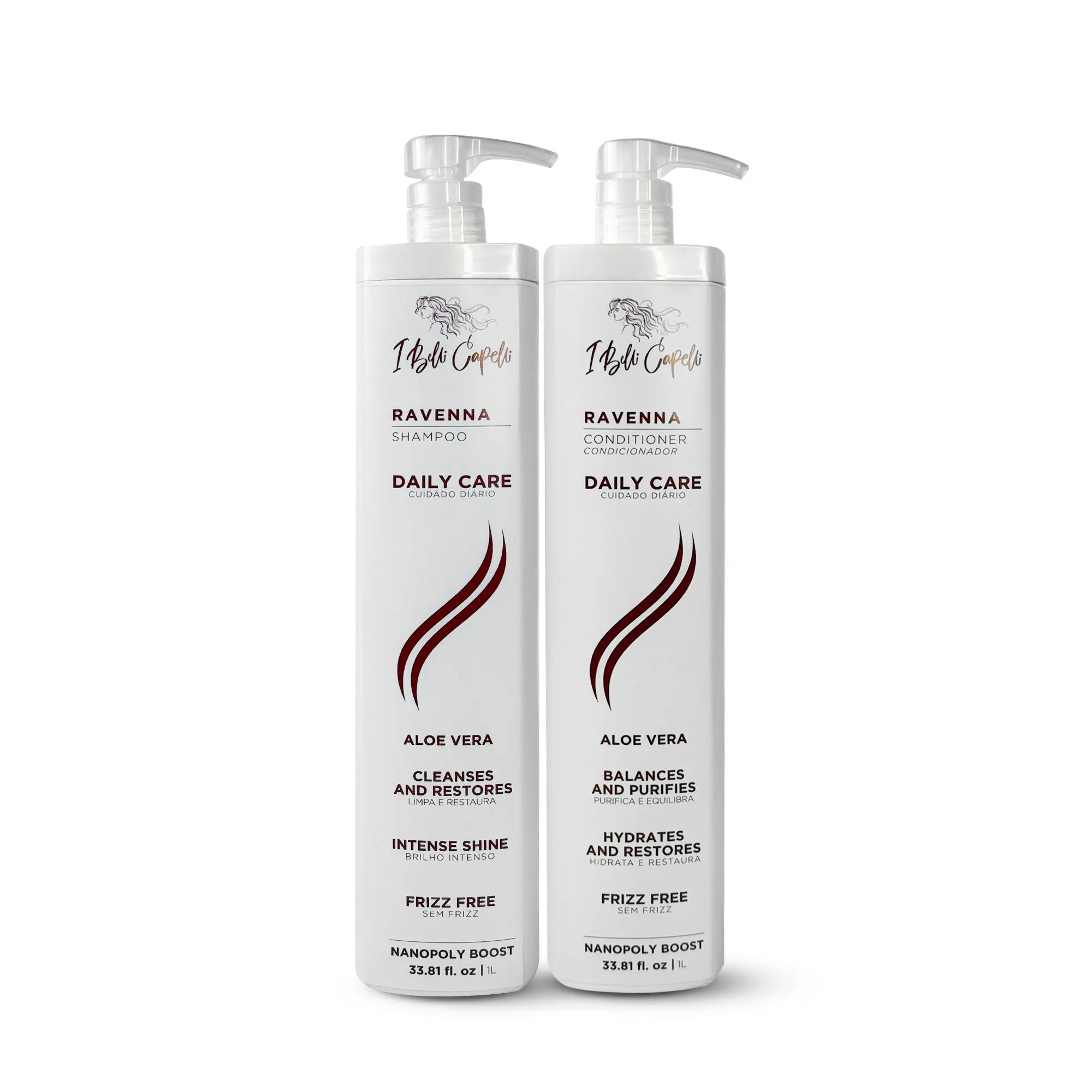 Kit I Belli Capelli Ravenna Daily Care with Aloe Vera – Shampoo + Conditioner 2x1L/2x33.8 fl.oz Cleansing Gentle Haircare Nourishing Softening Smoothing Scalp Revitalizing Solution